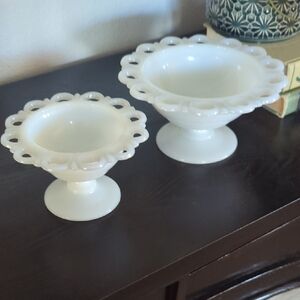 Set Of 2 White Pedestal Milk Glass Compote Bowl - Brand Unknown